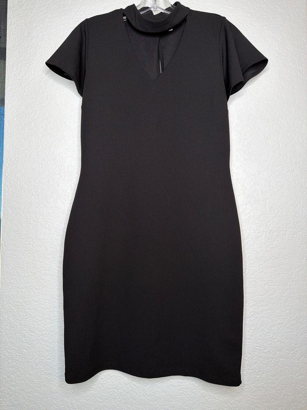 Almost Famous Black Mini Dress Collar Neck Stretchy Back Zip LG